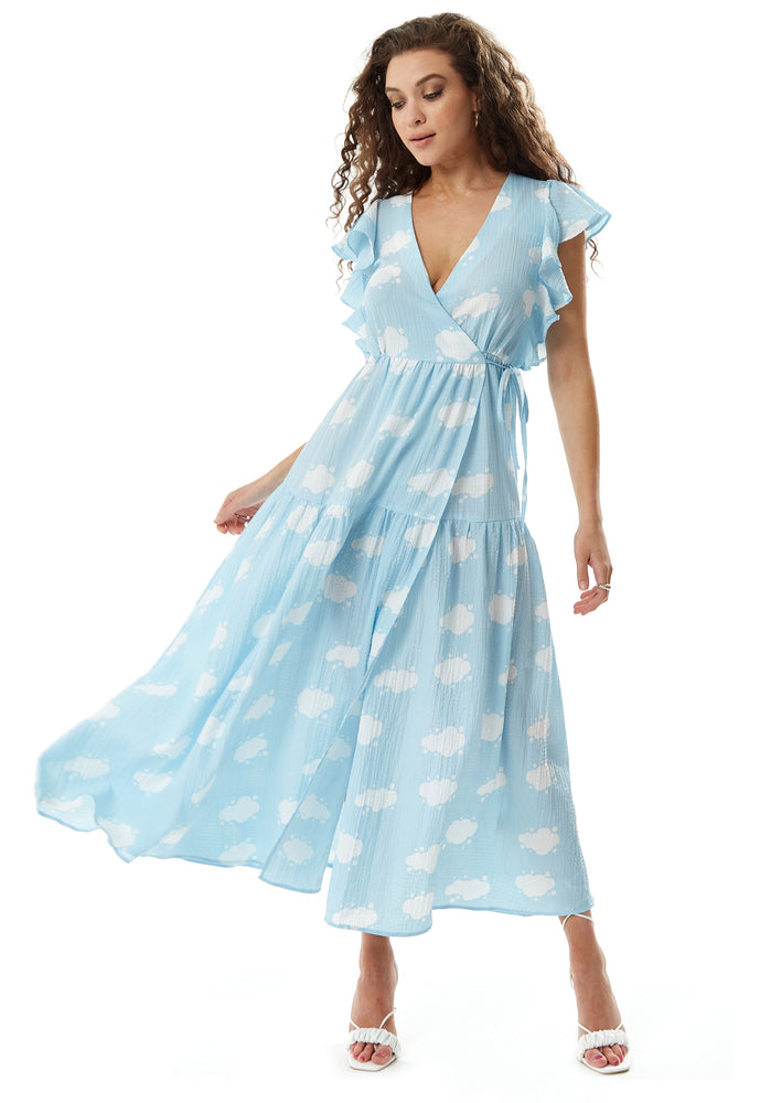 Liquorish Cloud Print Midi Wrap Dress with Frill Sleeves in Blue