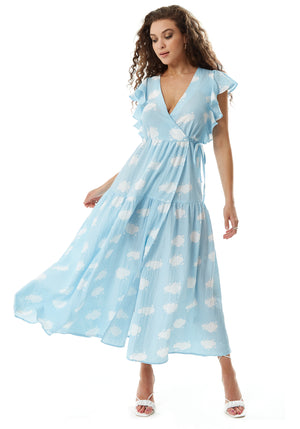 Liquorish cloud Print Midi Wrap Dress with Frill Sleeves in Blue