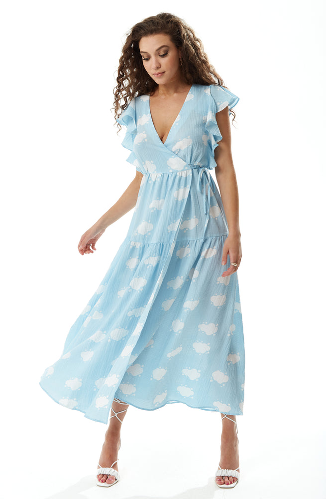 Liquorish cloud Print Midi Wrap Dress with Frill Sleeves in Blue
