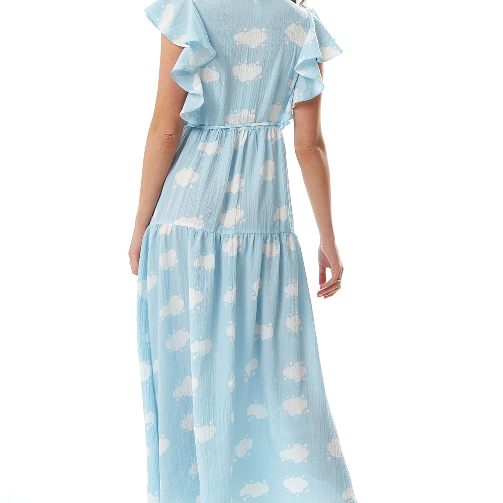 
                  
                    Liquorish Cloud Print Midi Wrap Dress with Frill Sleeves in Blue
                  
                
