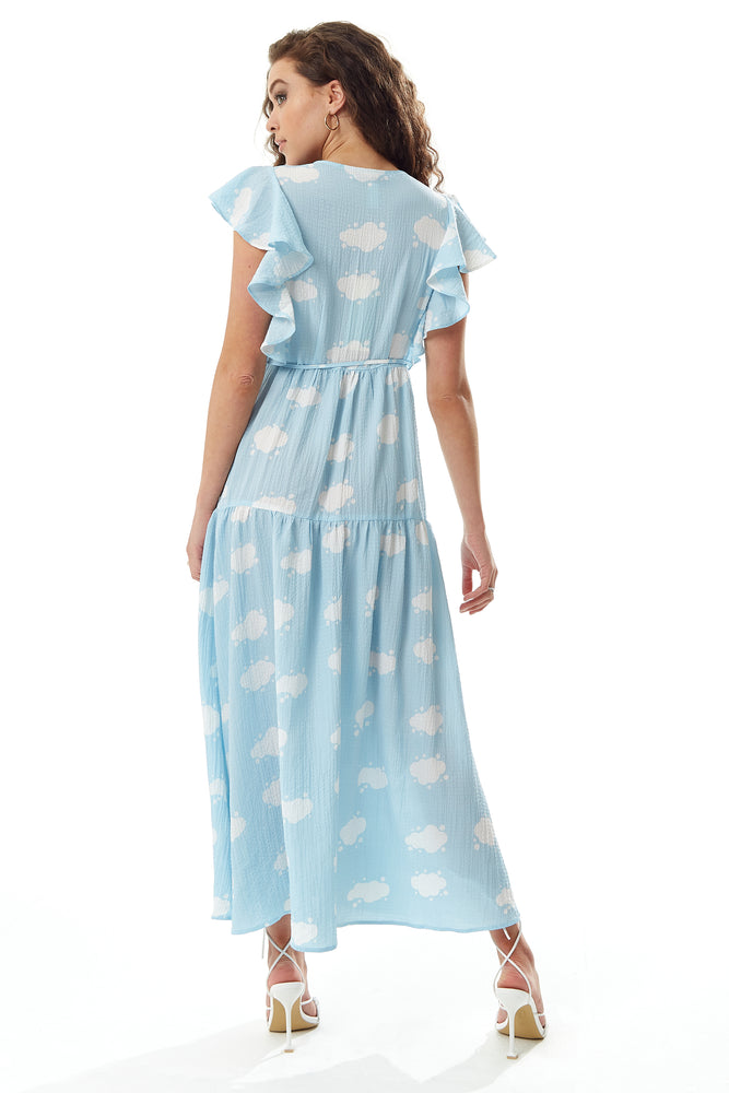 Liquorish Cloud Print Midi Wrap Dress with Frill Sleeves in Blue