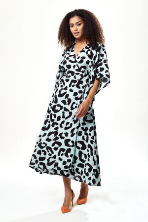 Liquorish Animal Print Maxi Wrap Dress With Kimono Sleeves In Blue
