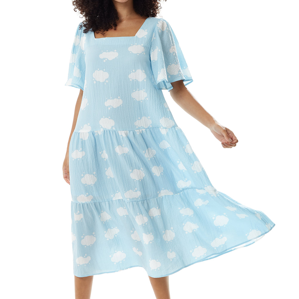 Women's Midi Dress with Short Sleeves and Cloud Print in Blue by Liquo – Liquorish Online