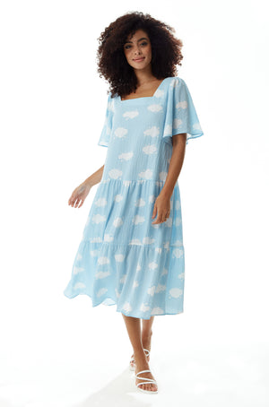Liquorish Cloud Print Midi Smock Dress in Blue