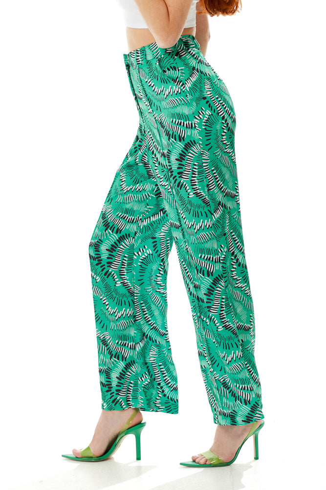 Liquorish Abstract Print Wide Leg Trousers in Green