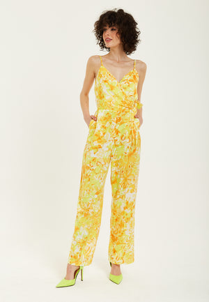 Liquorish Yellow And Orange Floral Print V-Neck Jumpsuit