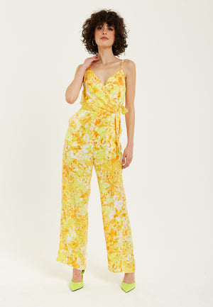 Liquorish Yellow And Orange Floral Print V-Neck Jumpsuit