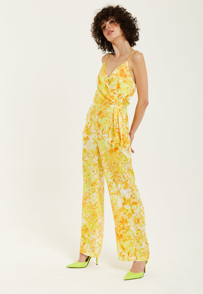 Liquorish Yellow And Orange Floral Print V-Neck Jumpsuit