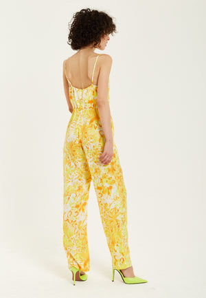 Liquorish Yellow And Orange Floral Print V-Neck Jumpsuit