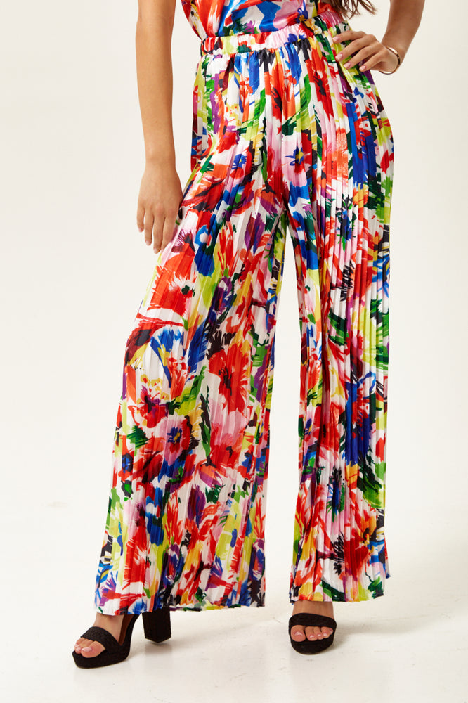 Liquorish Pleated Wide Leg Trousers In Abstract Floral Print