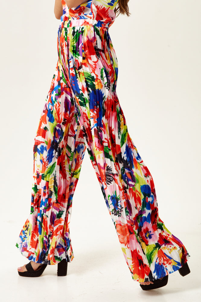 Liquorish Pleated Wide Leg Trousers In Abstract Floral Print