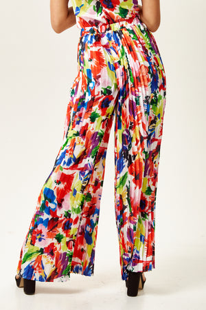 Liquorish Pleated Wide Leg Trousers In Abstract Floral Print