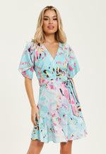 Liquorish Blue Abstract Print Mini Wrap Dress With Short Sleeves