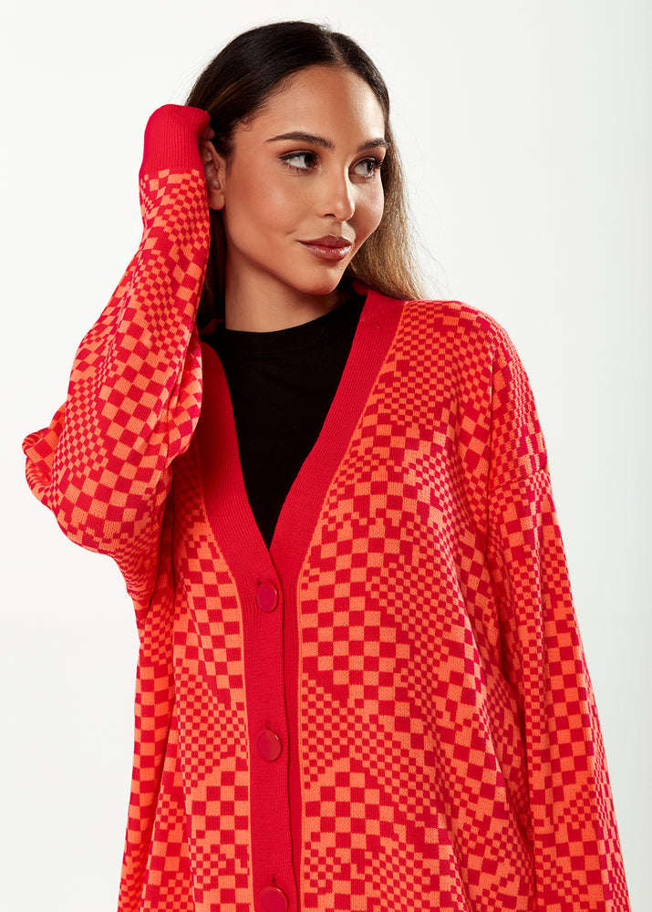 Liquorish Chequered Pattern Cardigan In Red & Orange