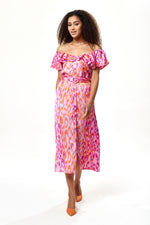 Liquorish Belted Midi Dress with Off Shoulder Sleeves in Pink Animal Print