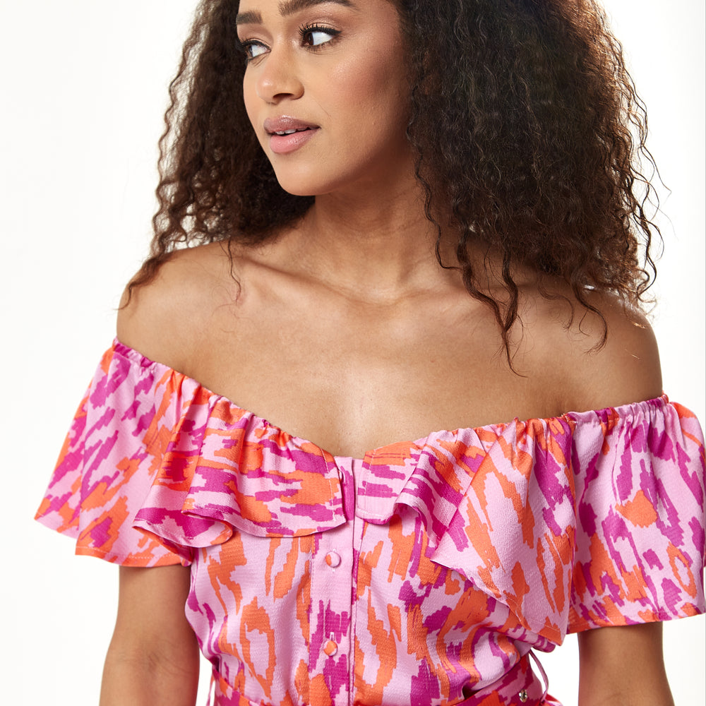
                  
                    Liquorish Belted Midi Dress with Off Shoulder Sleeves in Pink Animal Print
                  
                