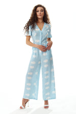 Liquorish Cloud Print Jumpsuit in Blue
