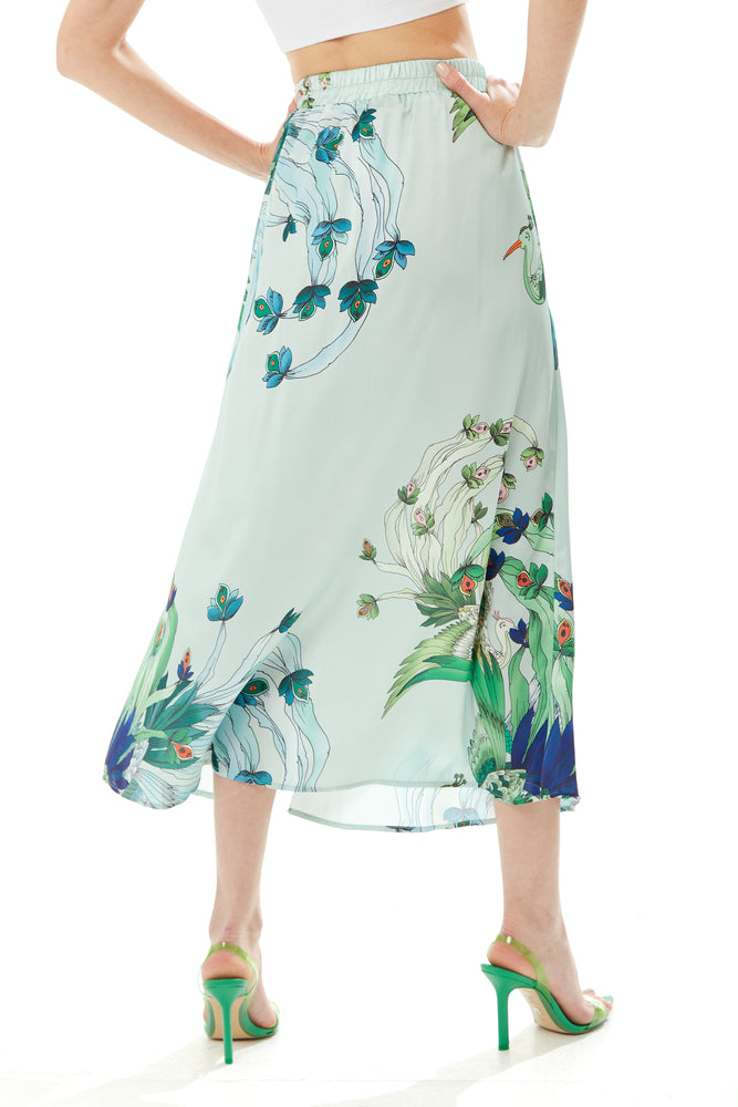 Liquorish Mint Green Bird and Floral Print Midi Skirt with Side Slit