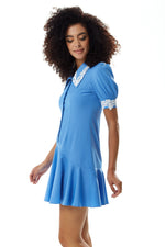 Liquorish Fitted Mini Dress with Lace Details on Collar and Sleeves in Turquoise