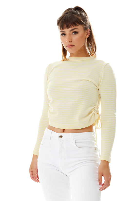Liquorish Women's Top in Yellow and White Stripes with Long Sleeves and Tie Details for Effortless Style