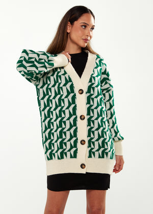 Exclusive Liquorish Geometric Pattern Cardigan In Green & Cream