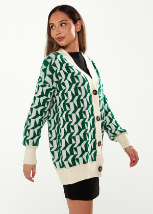 Exclusive Liquorish Geometric Pattern Cardigan In Green & Cream