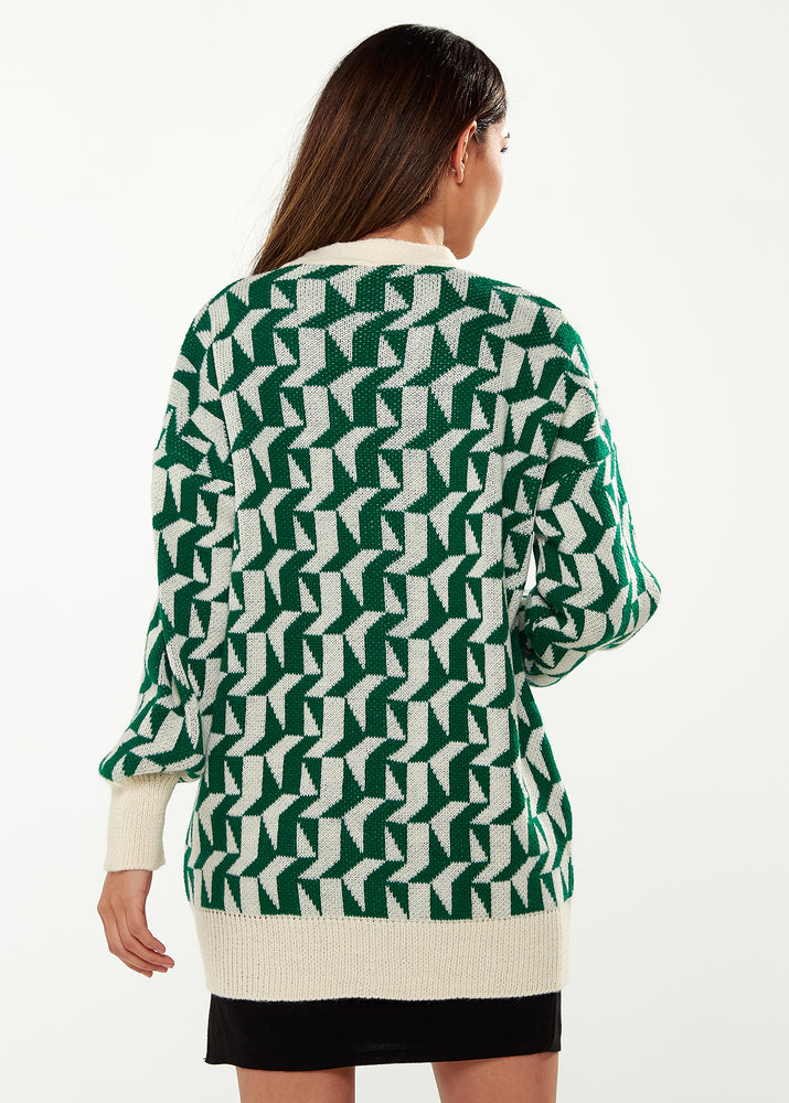 Exclusive Liquorish Geometric Pattern Cardigan In Green & Cream