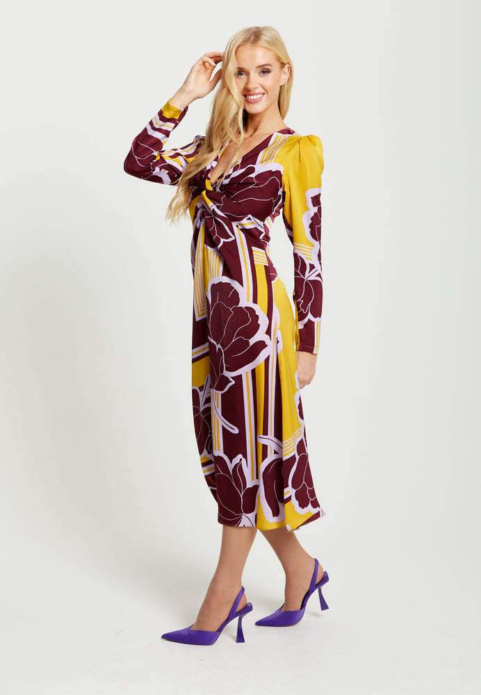 Liquorish Geometric Floral Print Knotted Midi Dress In Mustard And Burgundy