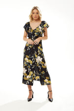 Liquorish Belted Midi Dress with Off Shoulder Sleeves in Navy Floral Print