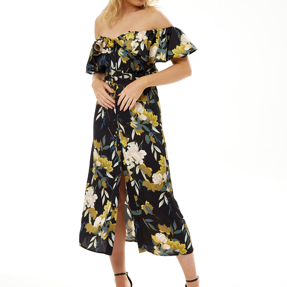 
                  
                    Liquorish Belted Midi Dress with Off Shoulder Sleeves in Navy Floral Print
                  
                