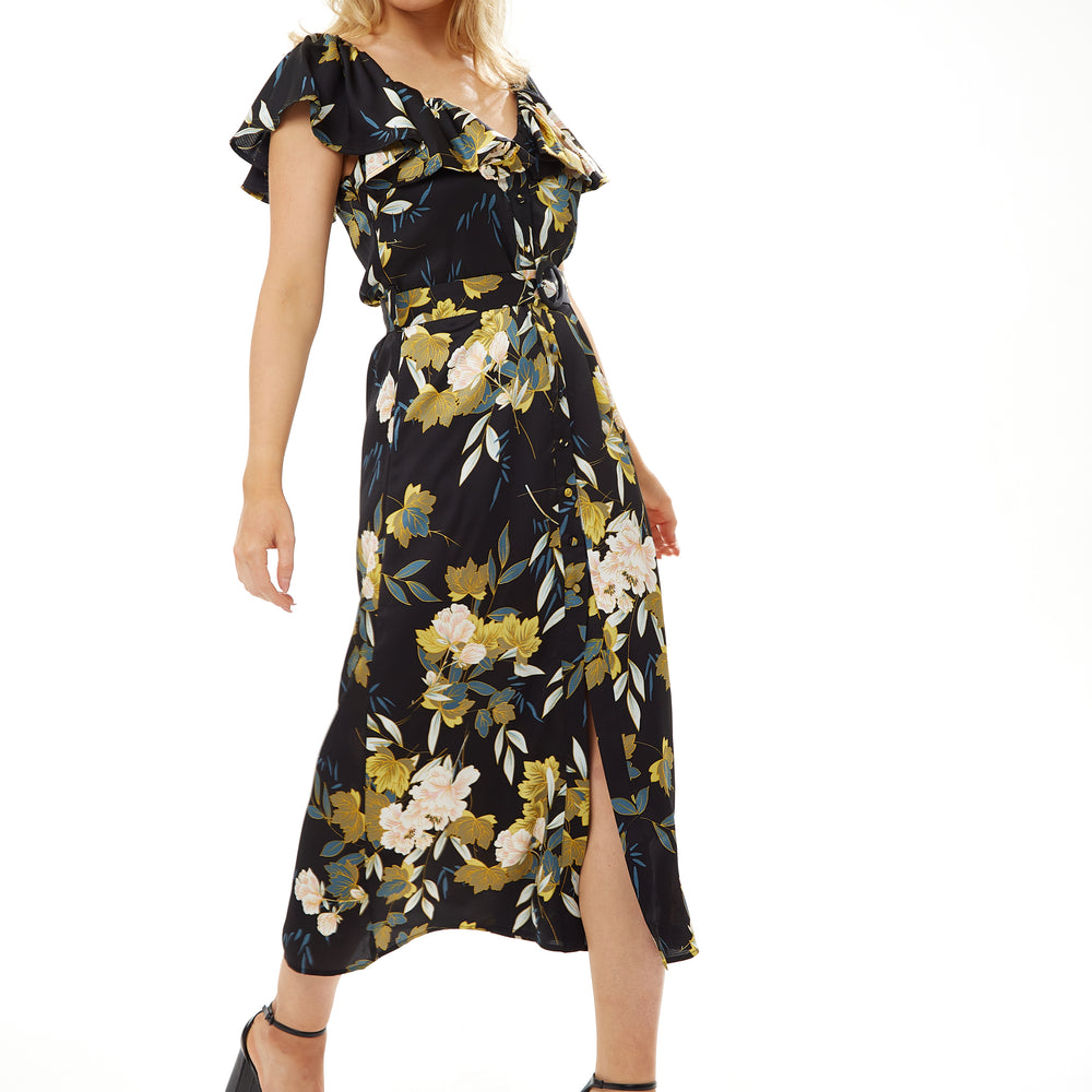 
                  
                    Liquorish Belted Midi Dress with Off Shoulder Sleeves in Navy Floral Print
                  
                