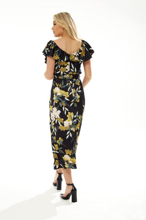 Liquorish Belted Midi Dress with Off Shoulder Sleeves in Navy Floral Print