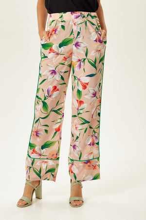 Liquorish Trousers in Floral Print with Green Piping