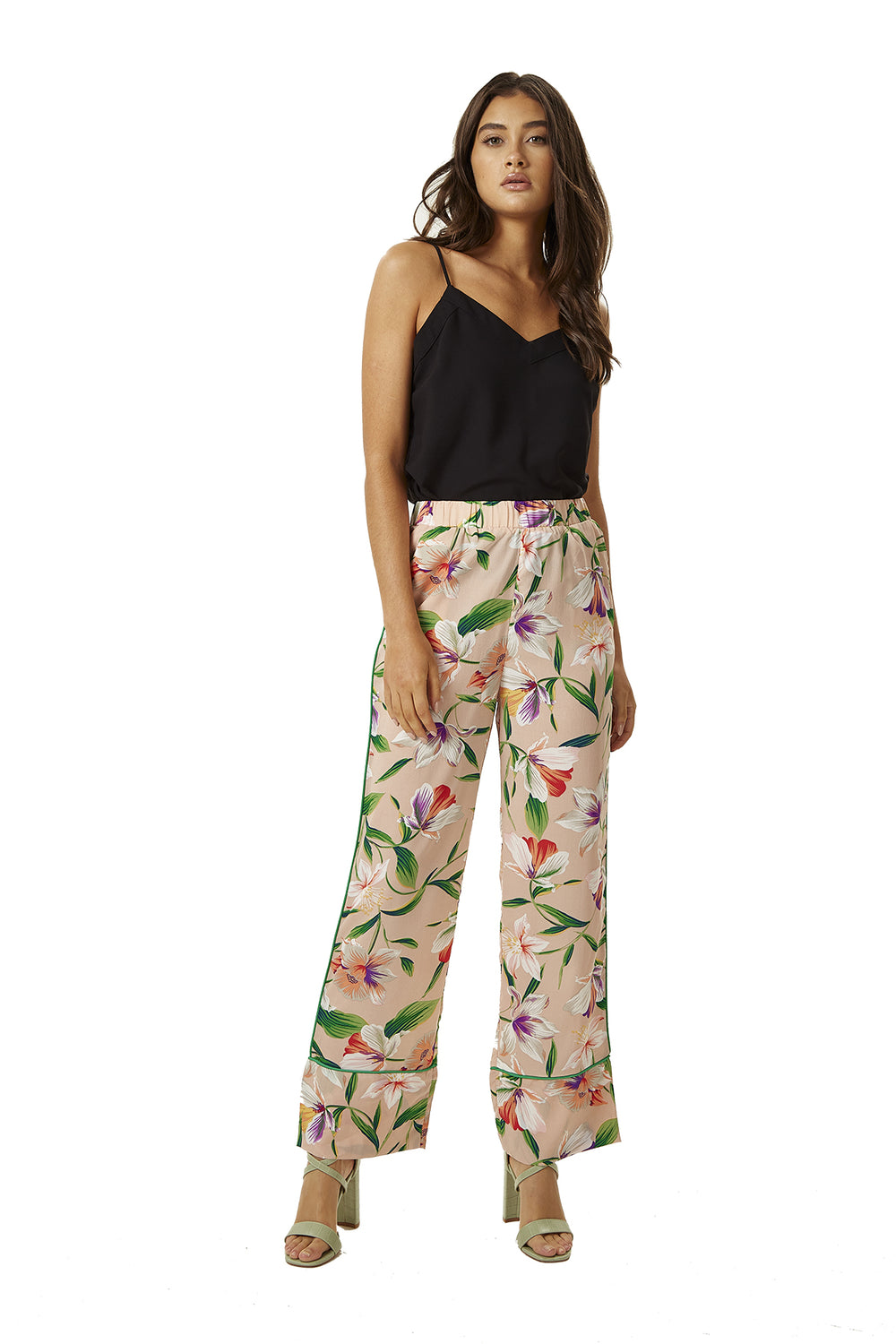 Liquorish Trousers in Floral Print with Green Piping