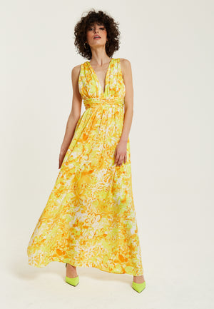 Liquorish Yellow And Orange Floral Print V-Neck Maxi Dress