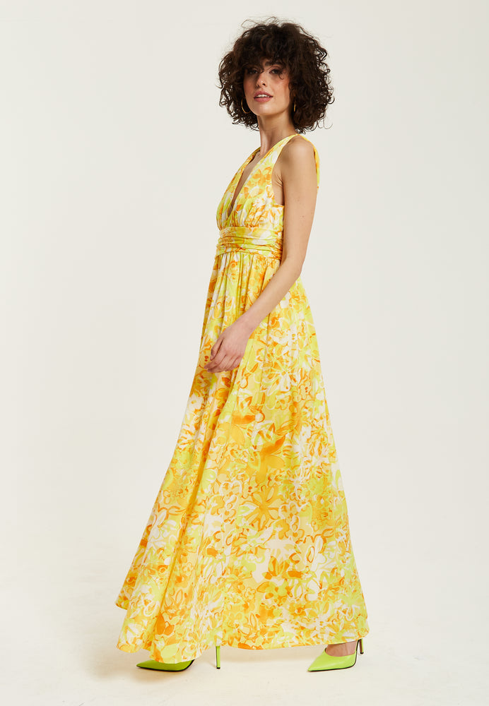 Liquorish Yellow And Orange Floral Print V-Neck Maxi Dress