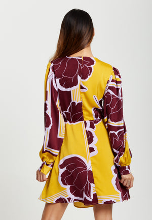 Liquorish Geometric Floral Print Mini Wrap Dress In Mustard And Burgundy