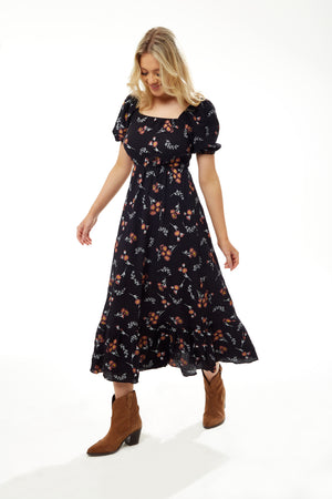 Liquorish Floral Print Cut Out Back Midi Dress in Black