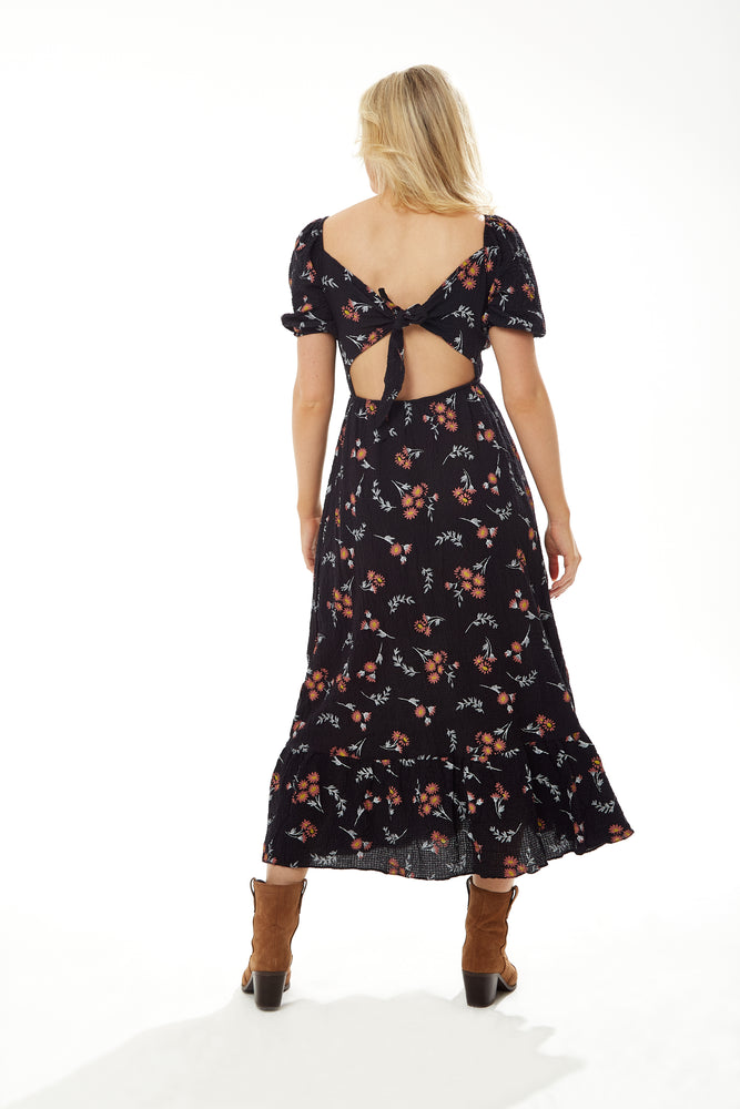 Liquorish Floral Print Cut Out Back Midi Dress in Black
