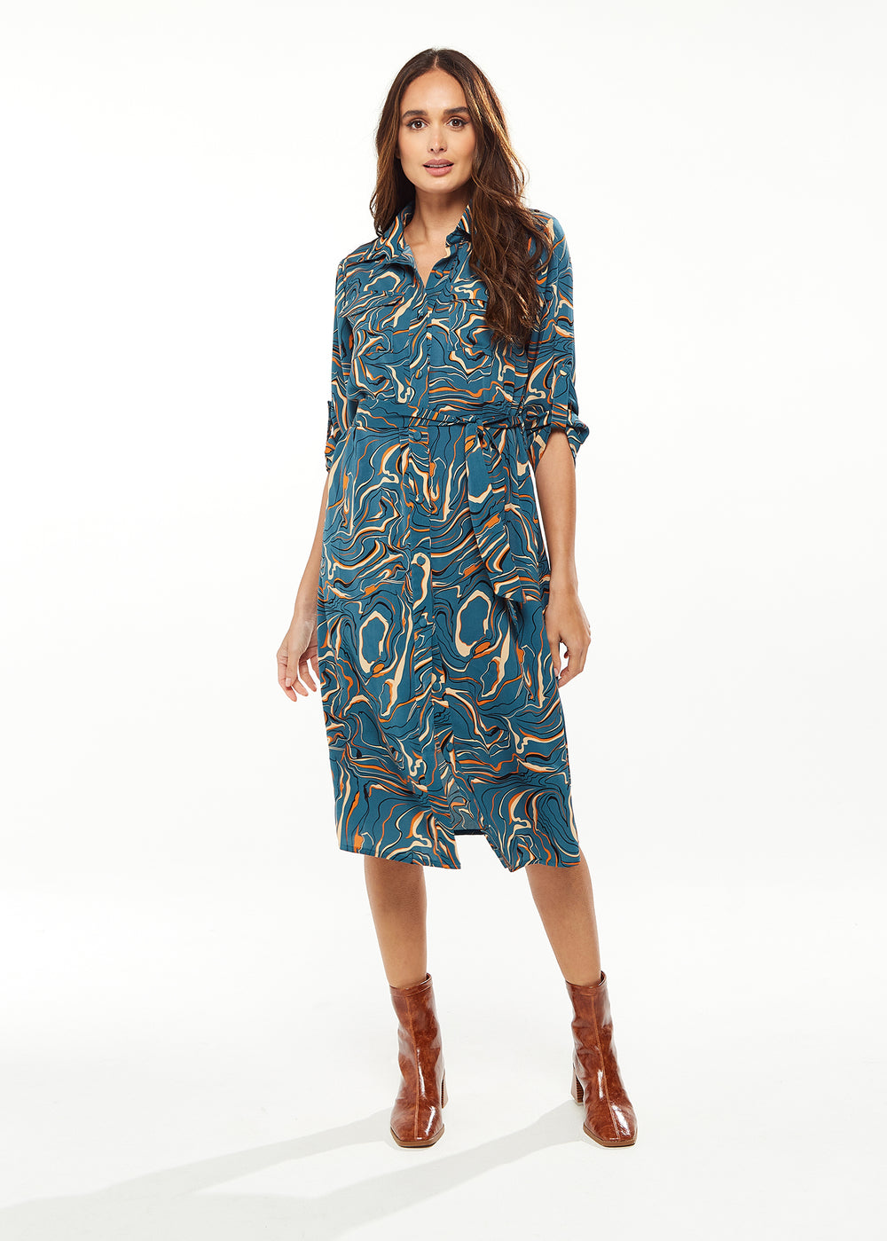 Women's Midi Dress with Long Sleeves in Green - Scribble Print Design by Liquorish