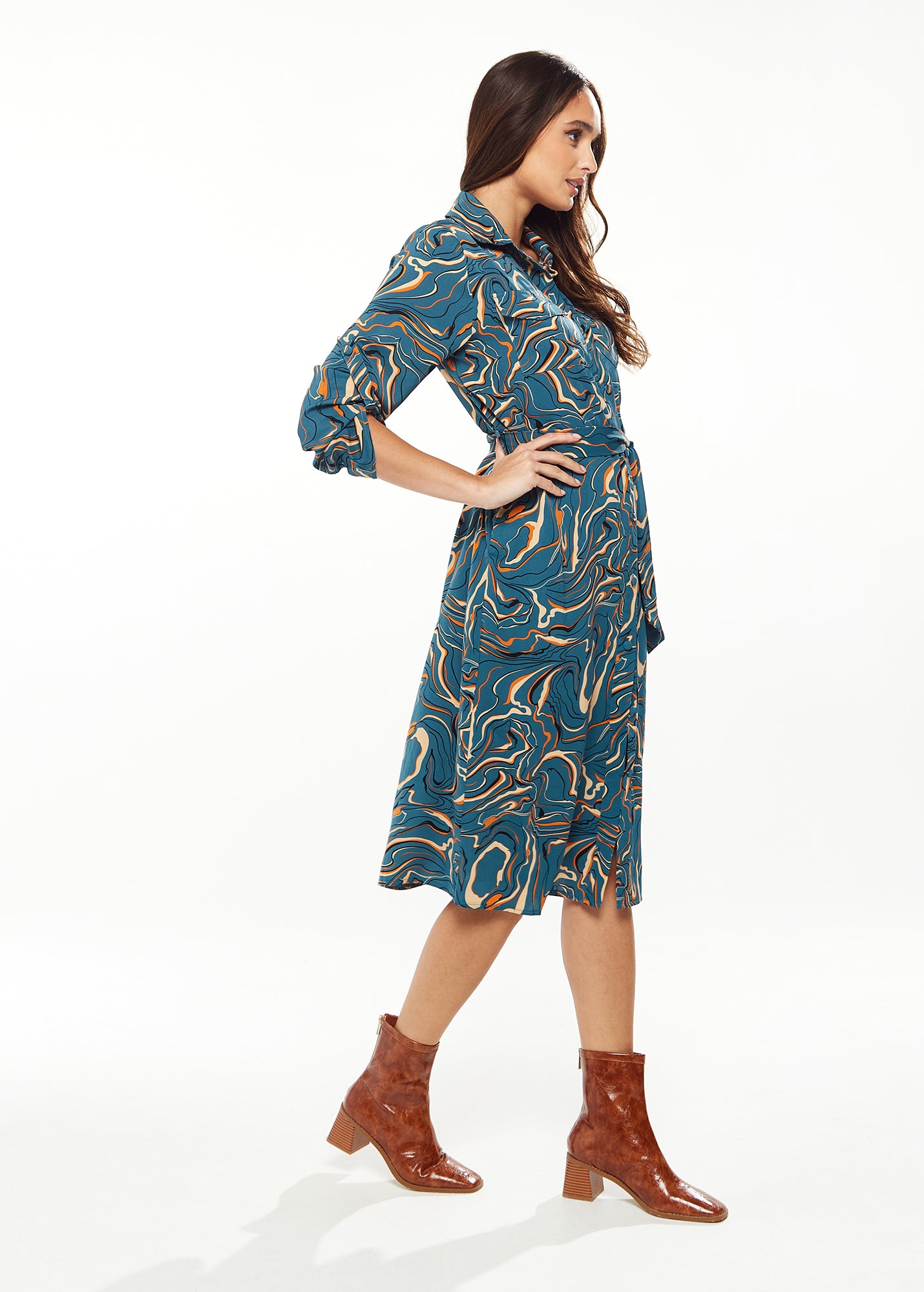 
                  
                    Women's Midi Dress with Long Sleeves in Green - Scribble Print Design by Liquorish
                  
                