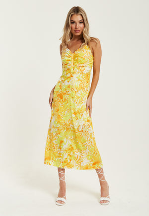 Liquorish Yellow And Orange Floral Print Ruched Maxi Dress
