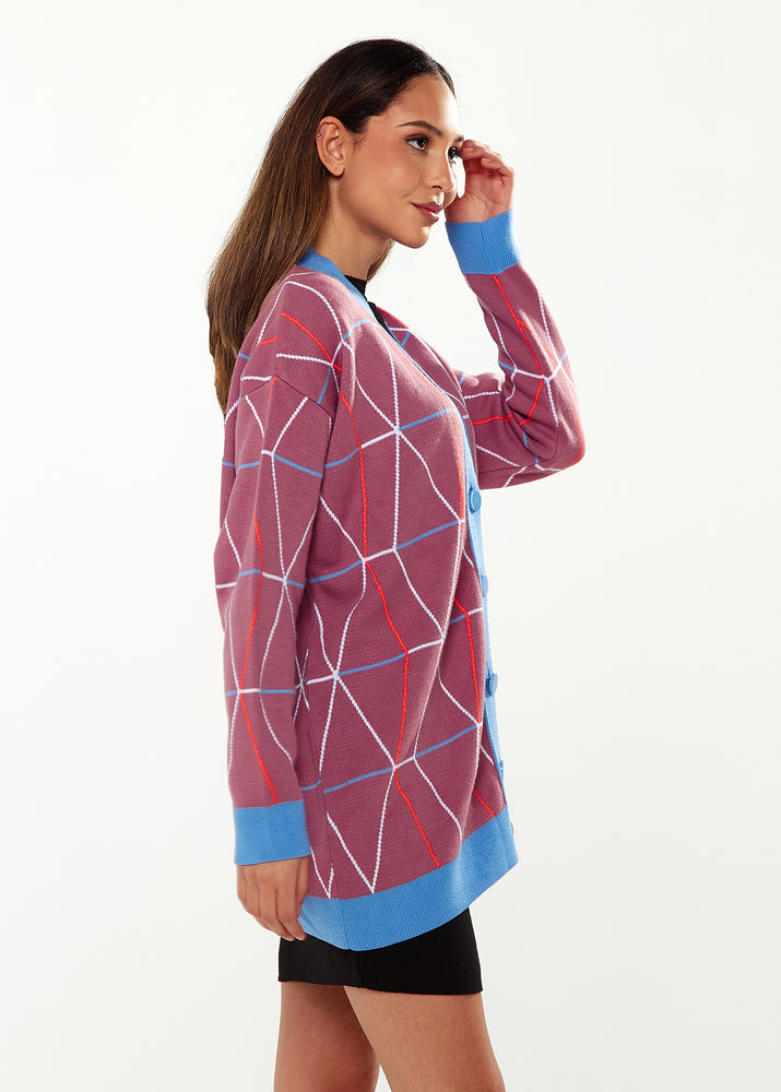 Liquorish Oversized Geometric Pattern Cardigan In Mulberry & Blue