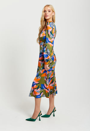 Liquorish Abstract Leaf Print Midi Dress In Olive