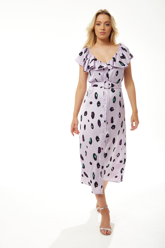 Liquorish Belted Midi Dress with Off Shoulder Sleeves in Lilac Animal Print