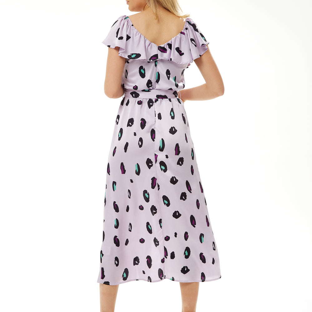 
                  
                    Liquorish Belted Midi Dress with Off Shoulder Sleeves in Lilac Animal Print
                  
                