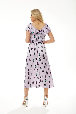 Liquorish Belted Midi Dress with Off Shoulder Sleeves in Lilac Animal Print