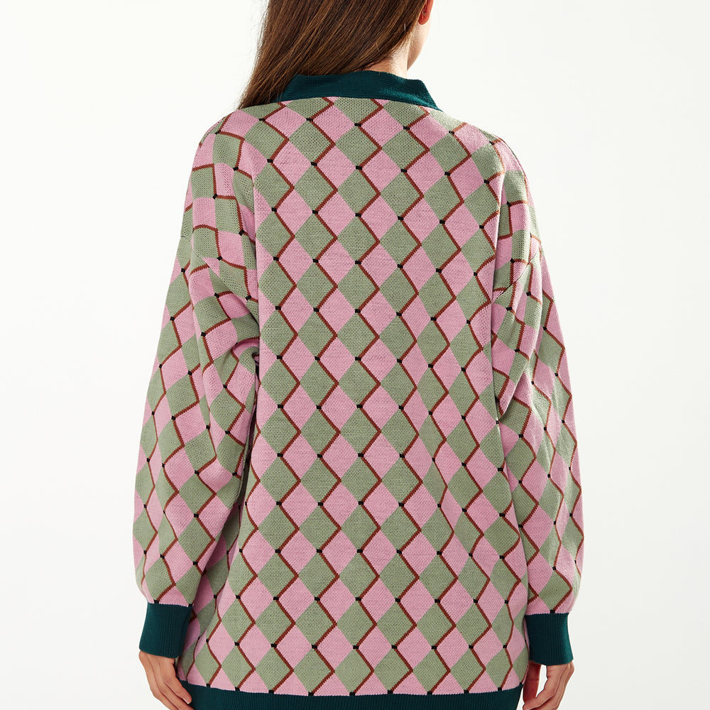 
                  
                    Liquorish Diamond Pattern Cardigan In Pink & Green
                  
                
