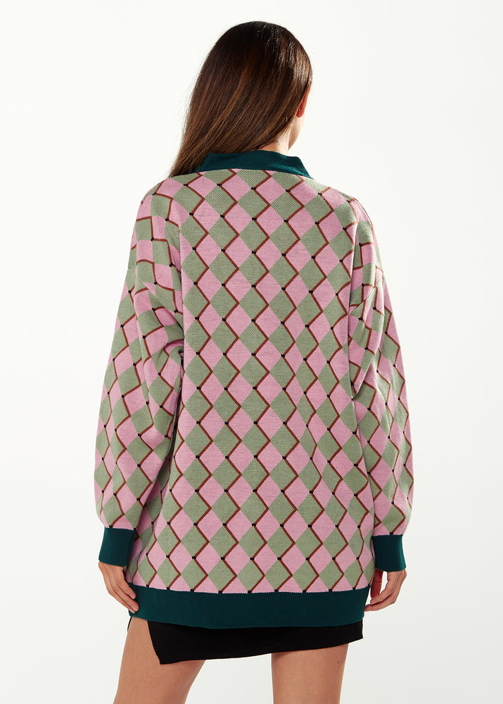 Liquorish Diamond Pattern Cardigan In Pink & Green