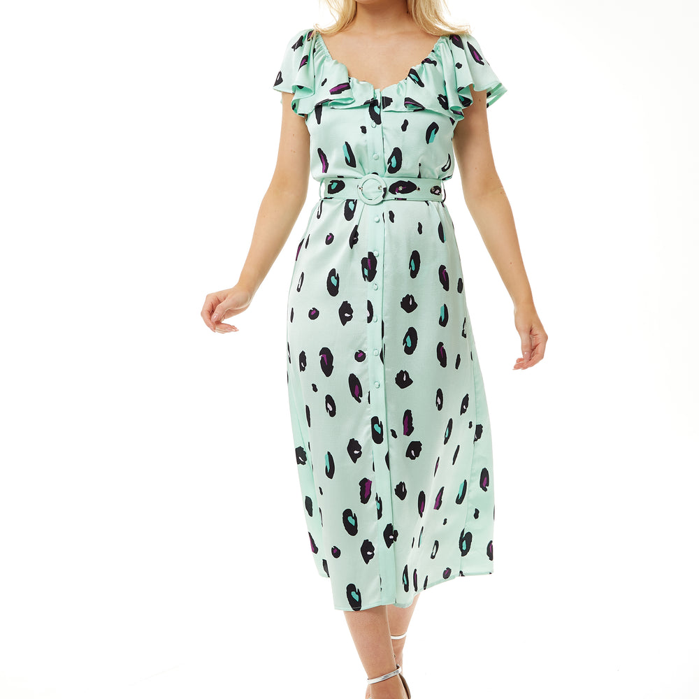 
                  
                    Liquorish Belted Midi Dress with Off Shoulder Sleeves in Mint Animal Print
                  
                